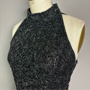 Vintage Black Silk Beaded Formal Halter Top Large